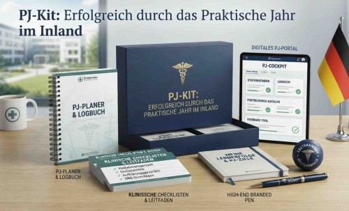 PJ-Kit Paket mit Planer, Logbuch, digitalem Portal und Branding auf Schreibtisch