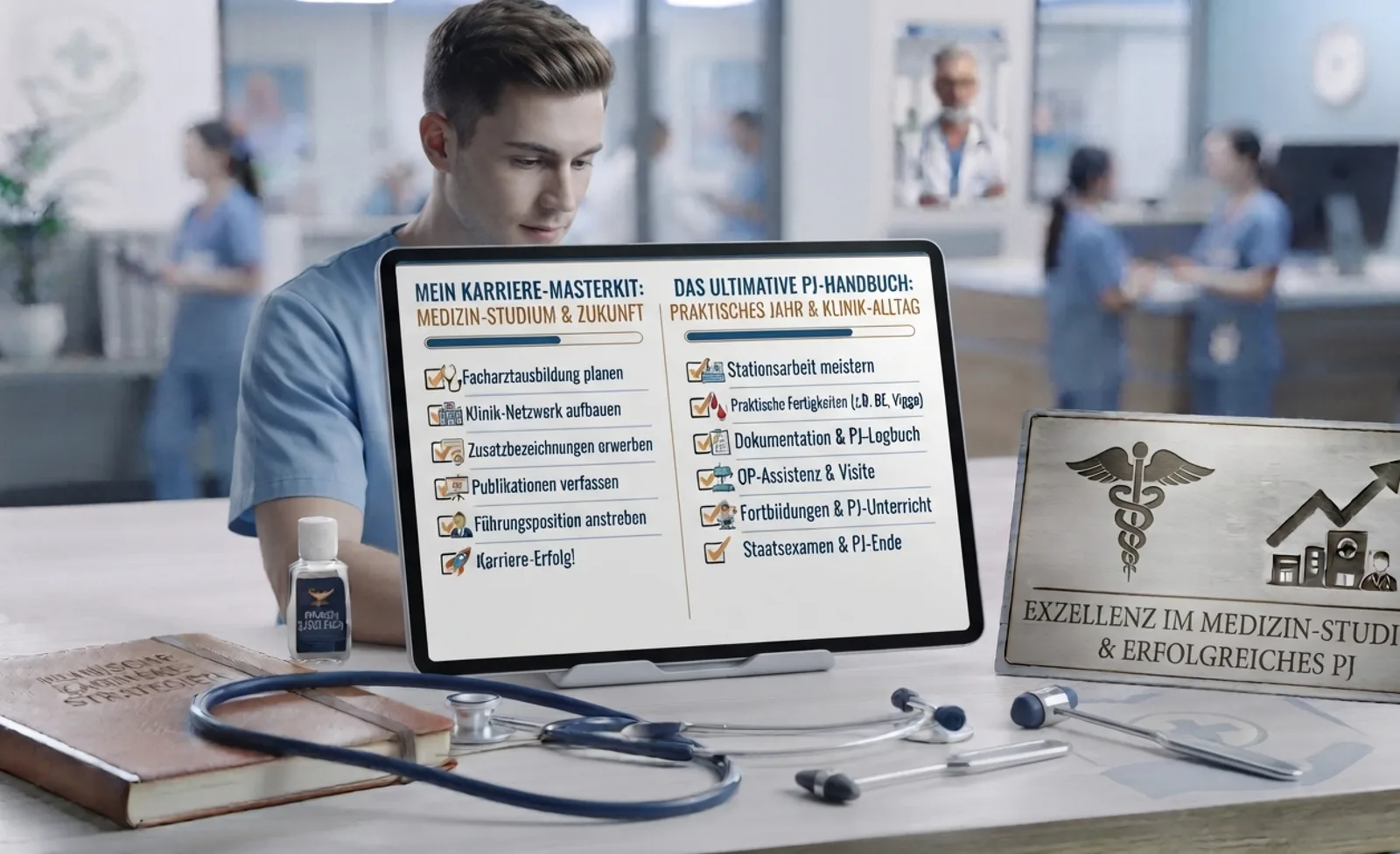 Medizinstudent blickt auf Tablet mit Karriere-Masterkit und PJ-Handbuch in Klinik-Setting