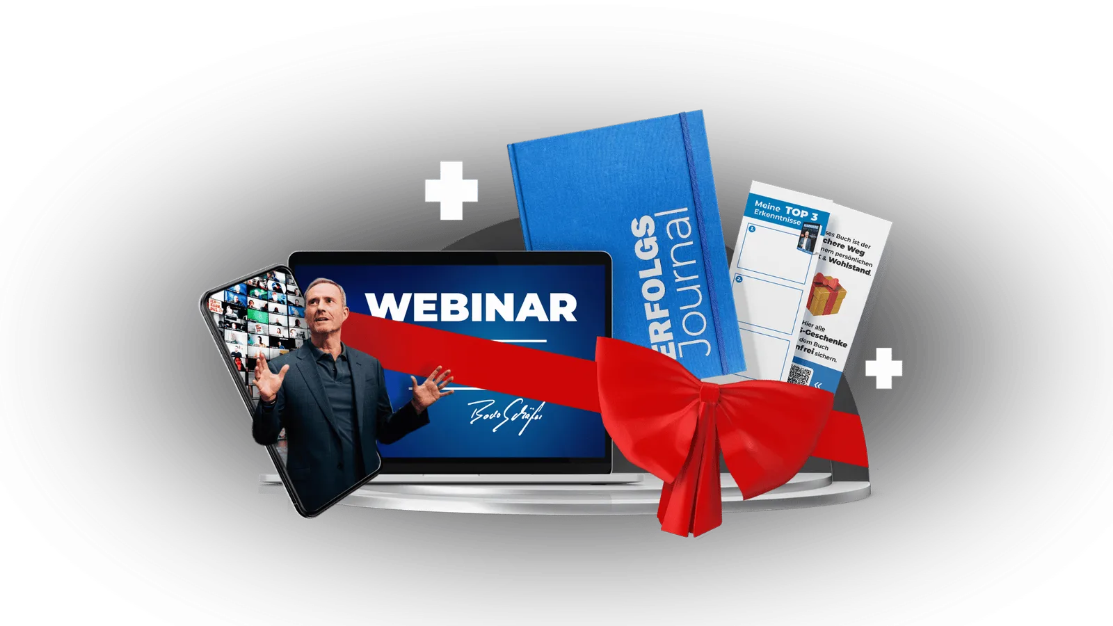 Webinar-Mockup mit Laptop, Bodo Schäfer, blauem Notizbuch ERFOLGs Journal und Geschenkbox mit roter Schleife