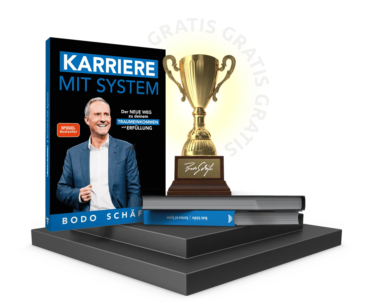 Buch Karriere mit System auf Podest mit goldener Sieger­trophäe