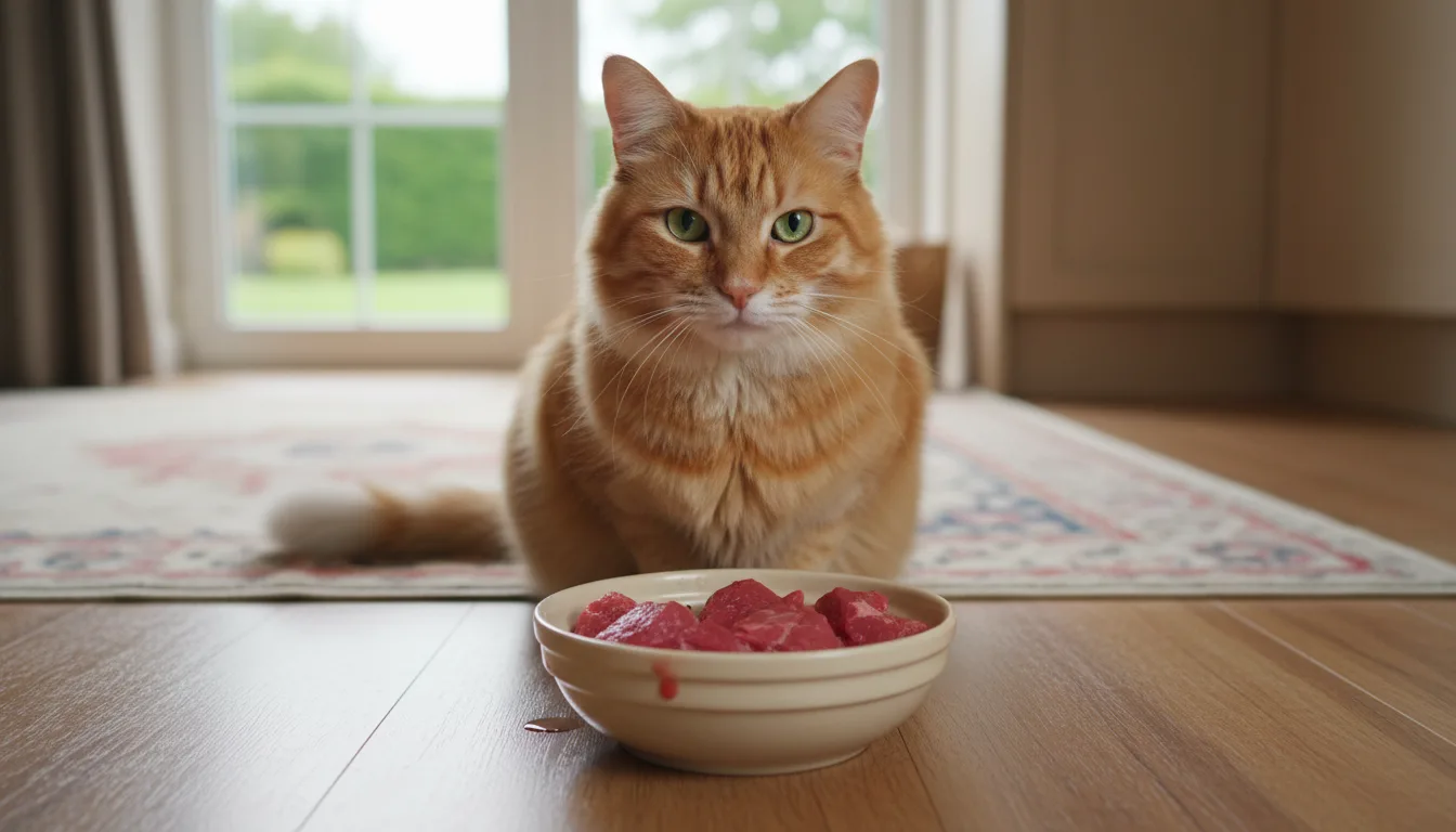 Rote Tabby-Katze vor Schale mit Rohfleisch auf Holzfußboden in hellem Wohnzimmer