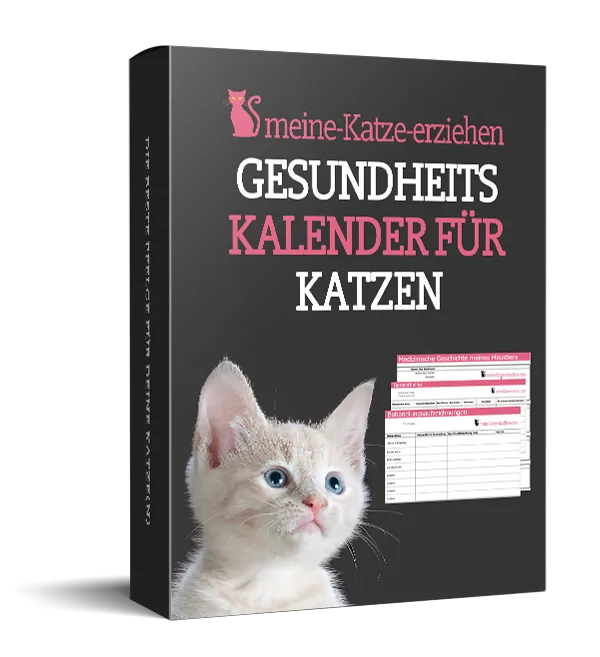 Gesundheitskalender für Katzen - Produktbox mit weißem Kätzchen auf dunklem Hintergrund