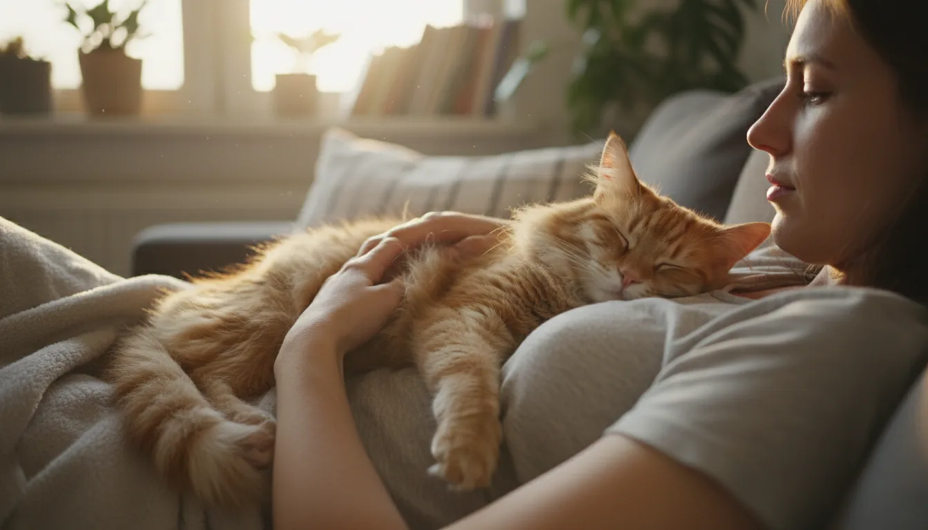 Frau mit roter Katze auf Sofa bei Sonnenunterricht – Kurs-Galerie zur Mensch-Katze-Beziehung