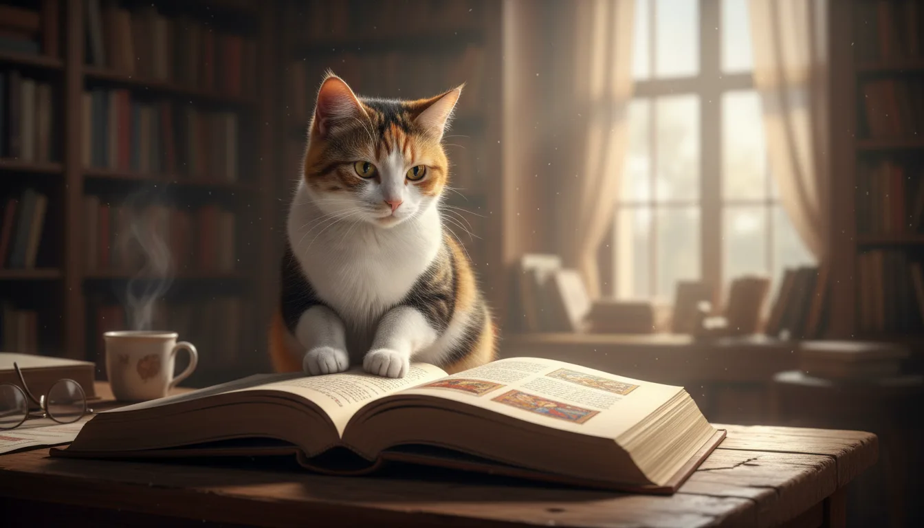 Getigerte Katze sitzt vor aufgeschlagenem Buch an Schreibtisch in Bibliothek