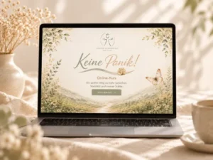 Laptop-Mockup zeigt Kurs-Startseite "Keine Panik!" von Atelier Lichtgestalt mit floralen Elementen