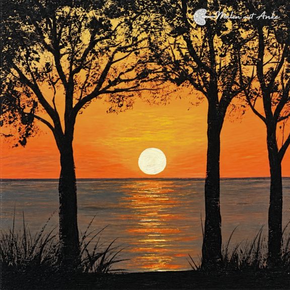 Kennenlern-Start – 4 leichte Acryl-Kurse zum Spar-Preis 5 Acrylgemälde: Sonnenuntergang über Meer mit silhouettierten Bäumen und weißer Sonne, Reflexion im Wasser