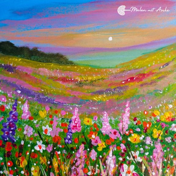 Kennenlern-Start – 4 leichte Acryl-Kurse zum Spar-Preis 6 Acrylgemälde: Blütenreiche Blumenwiese mit rosa, roten, gelben und violetten Blüten unter farbigem Himmel mit Mond