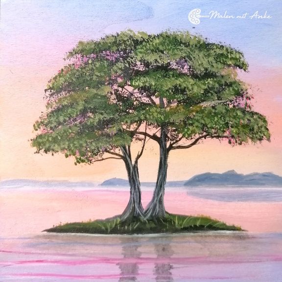 Kennenlern-Start – 4 leichte Acryl-Kurse zum Spar-Preis 7 Acrylgemälde: Großer Baum mit grünem Blätterwerk am Wasser unter rosa-blauem Himmel, sanfte Farben