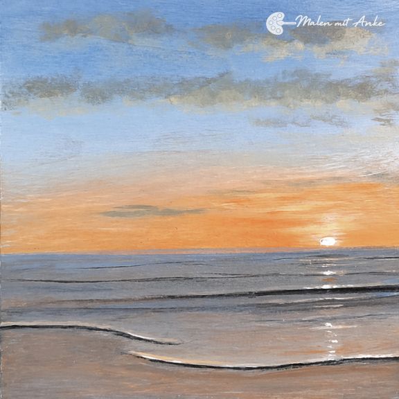 Kennenlern-Start – 4 leichte Acryl-Kurse zum Spar-Preis 8 Acrylgemälde: Sanfter Sonnenuntergang über Meer, Wellen am Strand, warme orange-braune Töne