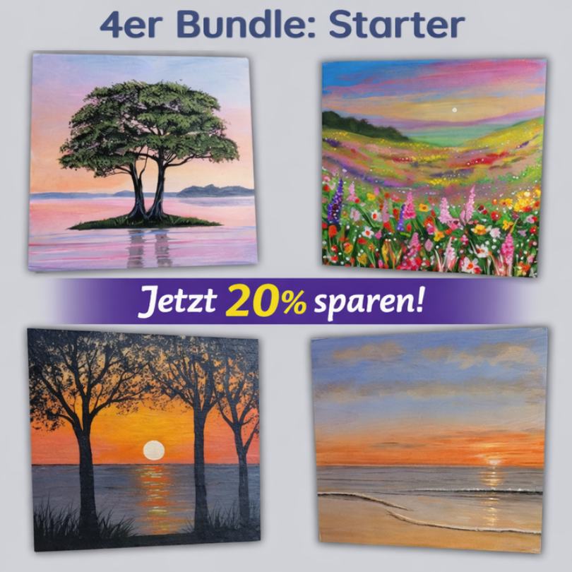 Kennenlern-Start – 4 leichte Acryl-Kurse zum Spar-Preis 3 4er Bundle Starter mit vier Acrylgemälden: Baum am Wasser, Blumenwiese, Sonnenuntergang mit Bäumen, Strand bei Sonnenuntergan