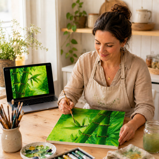 Kennenlern-Start – 4 leichte Acryl-Kurse zum Spar-Preis 2 Frau sitzt am Schreibtisch, malt Grün-Bild mit Pinsel, Laptop zeigt Videokurs, Pinseldose, Pflanzen im Hintergrund