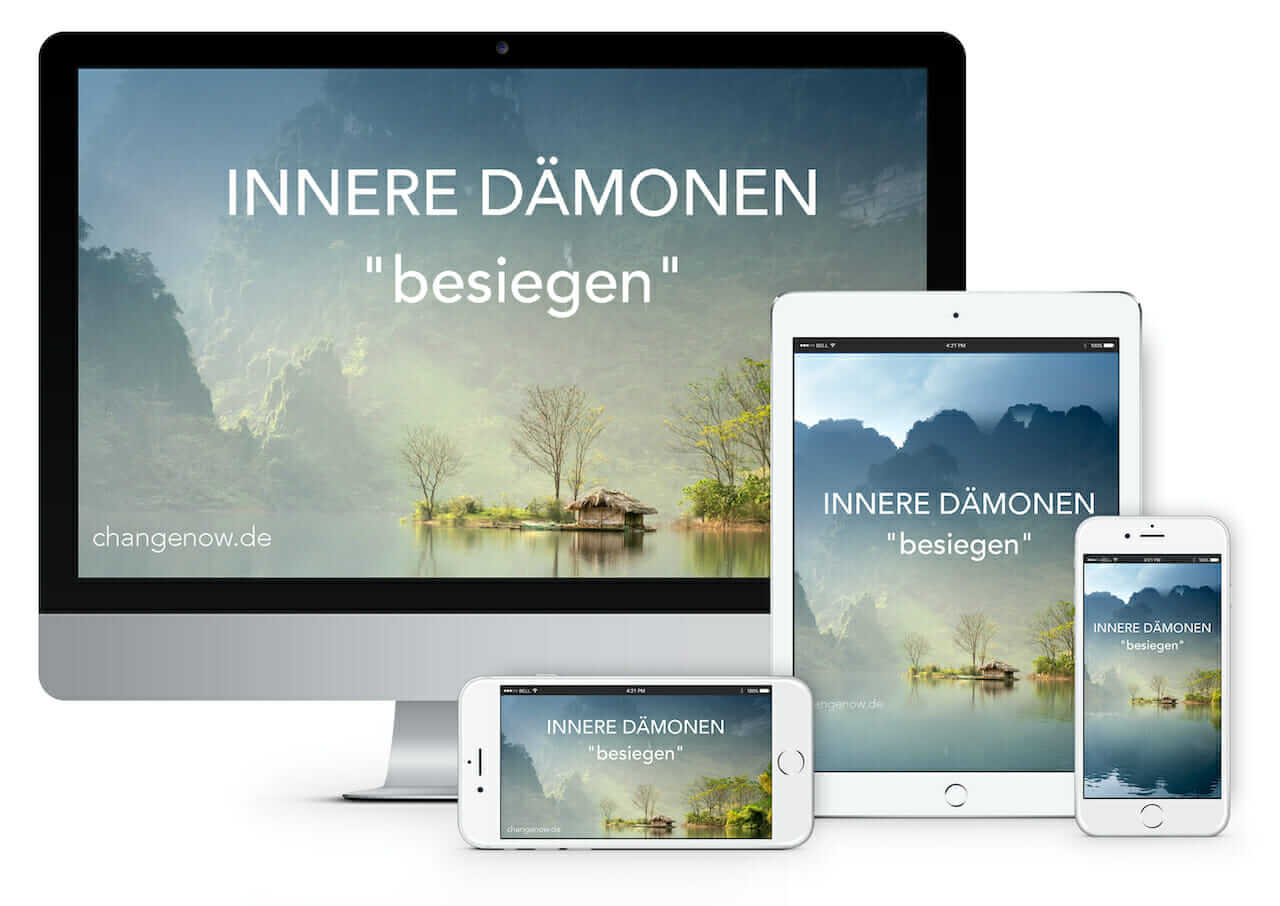 Mockup des Kurses Innere Dämonen besiegen auf verschiedenen Geräten mit Natur-Hintergrund