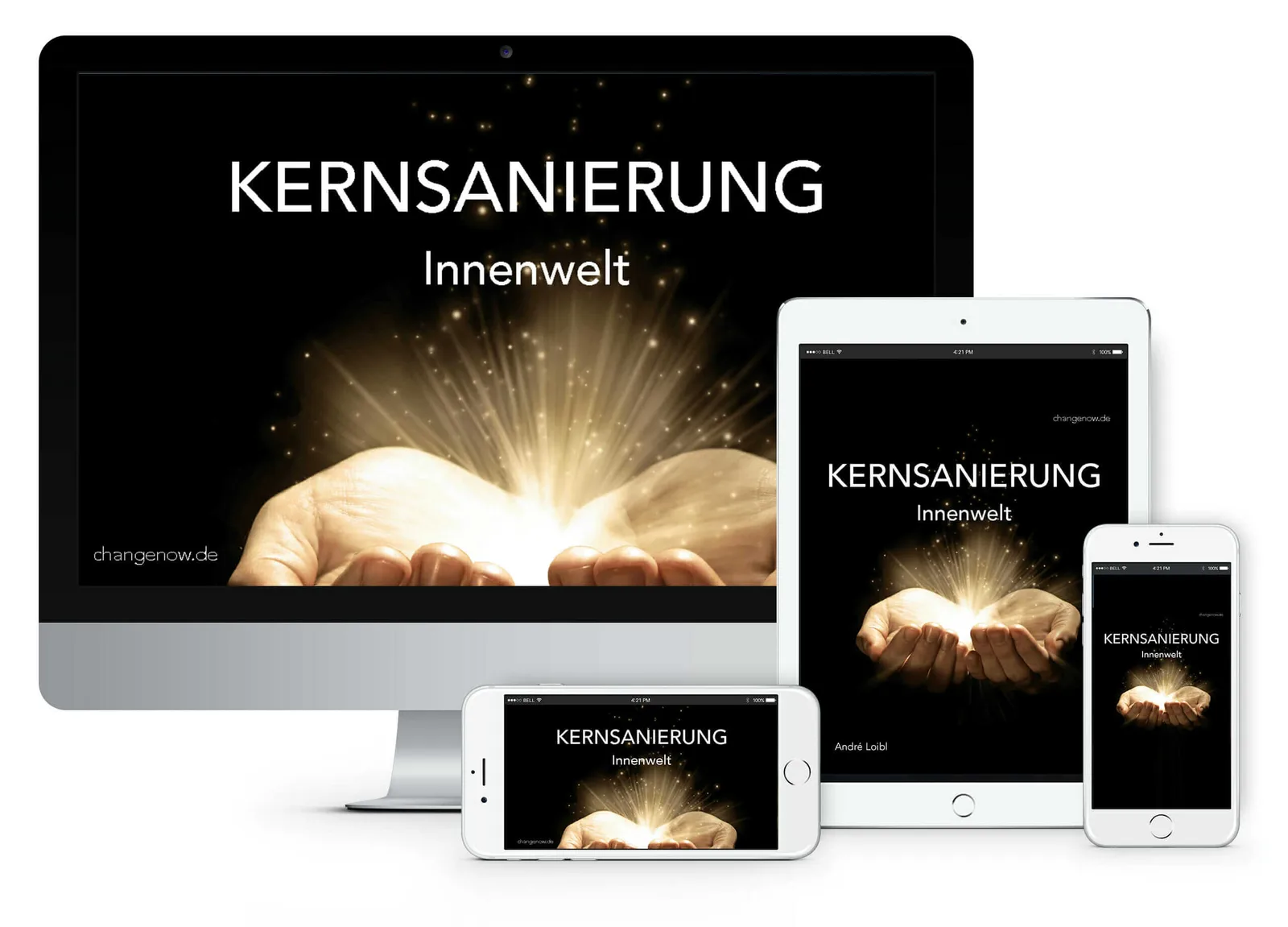Mockup des Kurses Kernsanierung Innenwelt auf Desktop und Mobilgeräten mit Hände-Motiv