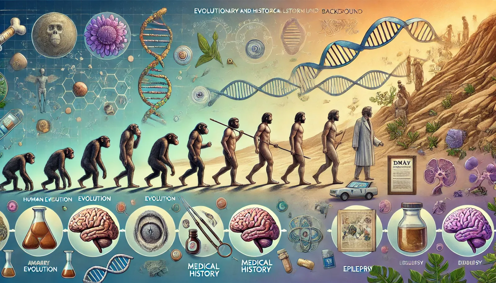 Menschheitsentwicklung Evolution mit DNA Strang, Medizingeschichte, anatomische Grafik