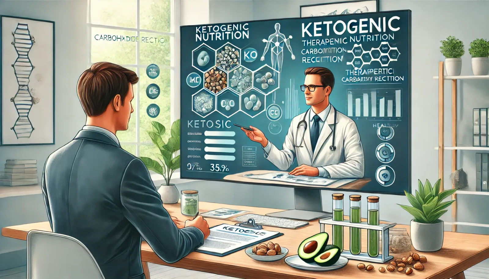 Ernährungsberater erklärt Ketogene Ernährungstherapie Patient mit Monitoring Board