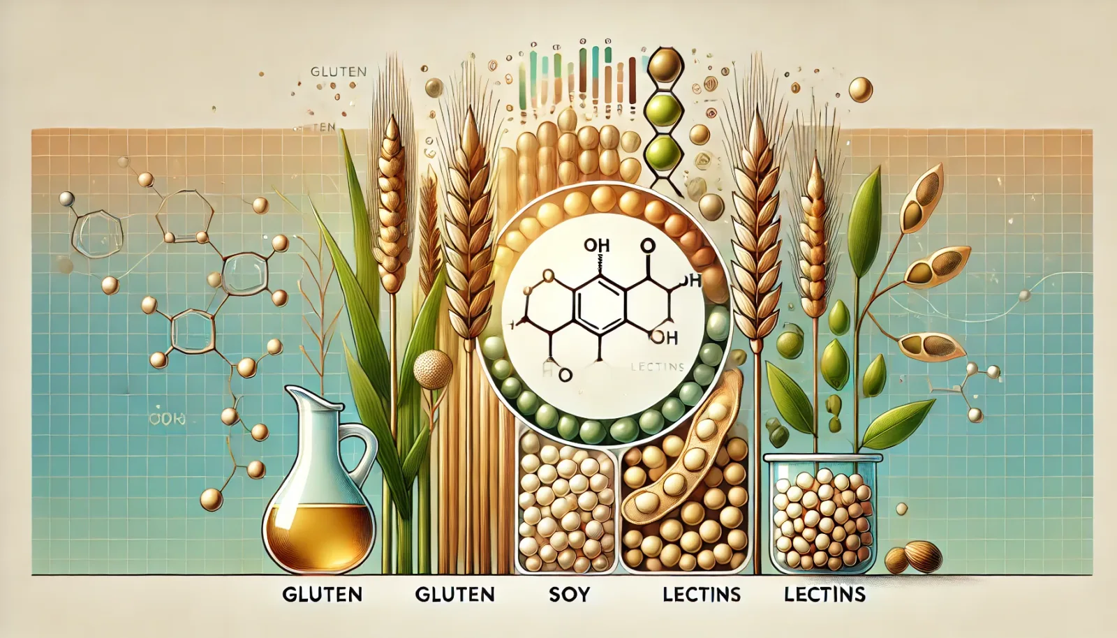 Gluten, Soja, Weizen und Lektine mit Molekülstrukturen, Getreide, Sojabohnen und Chemieformeln