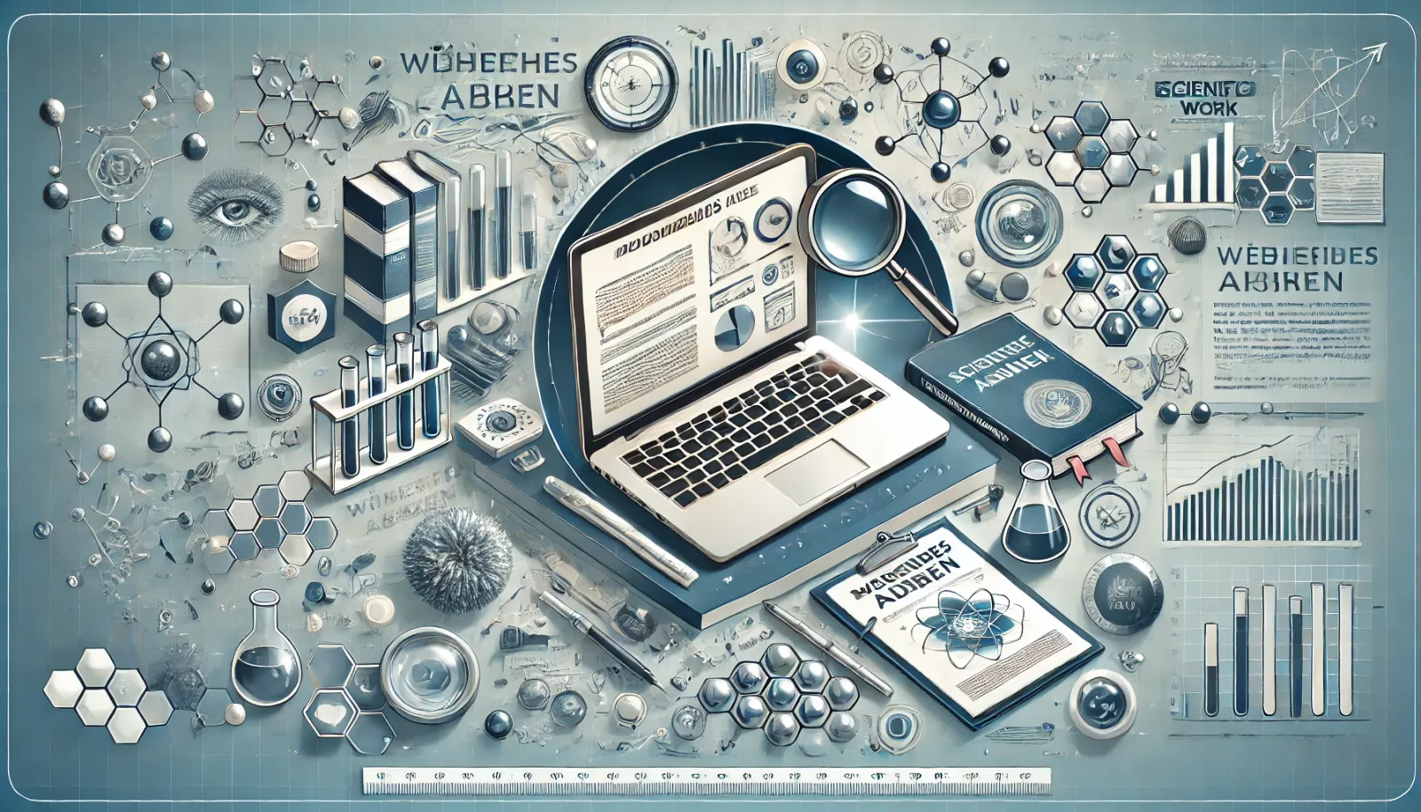 Wissenschaftliches Arbeiten mit Laptop, Fachliteratur, Lupe, Datenvisualisierung und Labor-Symbolen