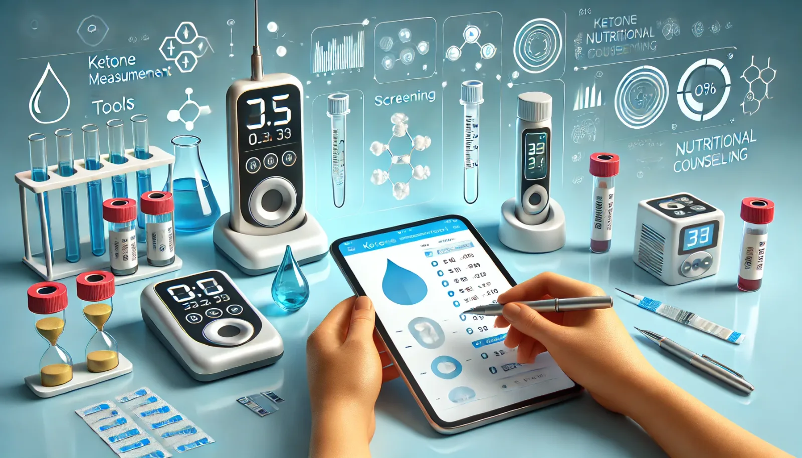 Ketone-Messung und Screening-Tools in der Ernährungsberatung mit digitalen Geräten, Blutproben und Tablet-Interface