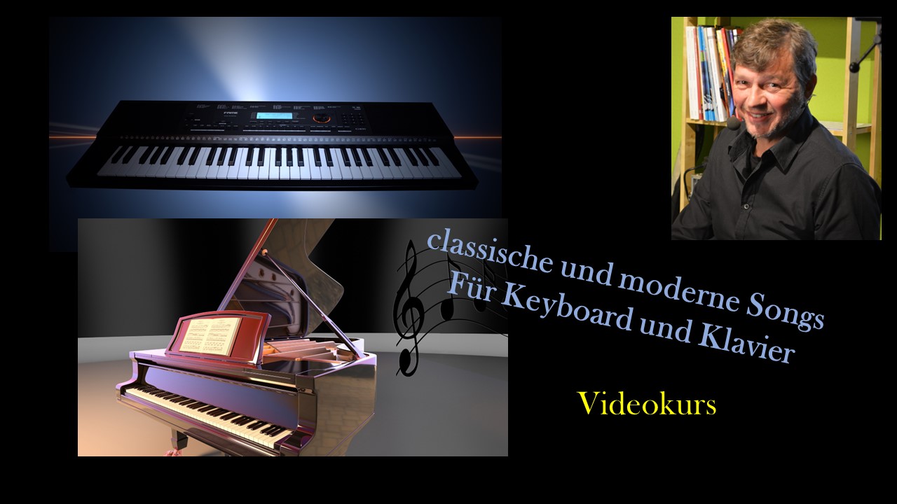 Videokurs zu klassische und moderne Songs für Keyboard und Klavier mit Tastatur-Abbildung und Portrait des Instructors