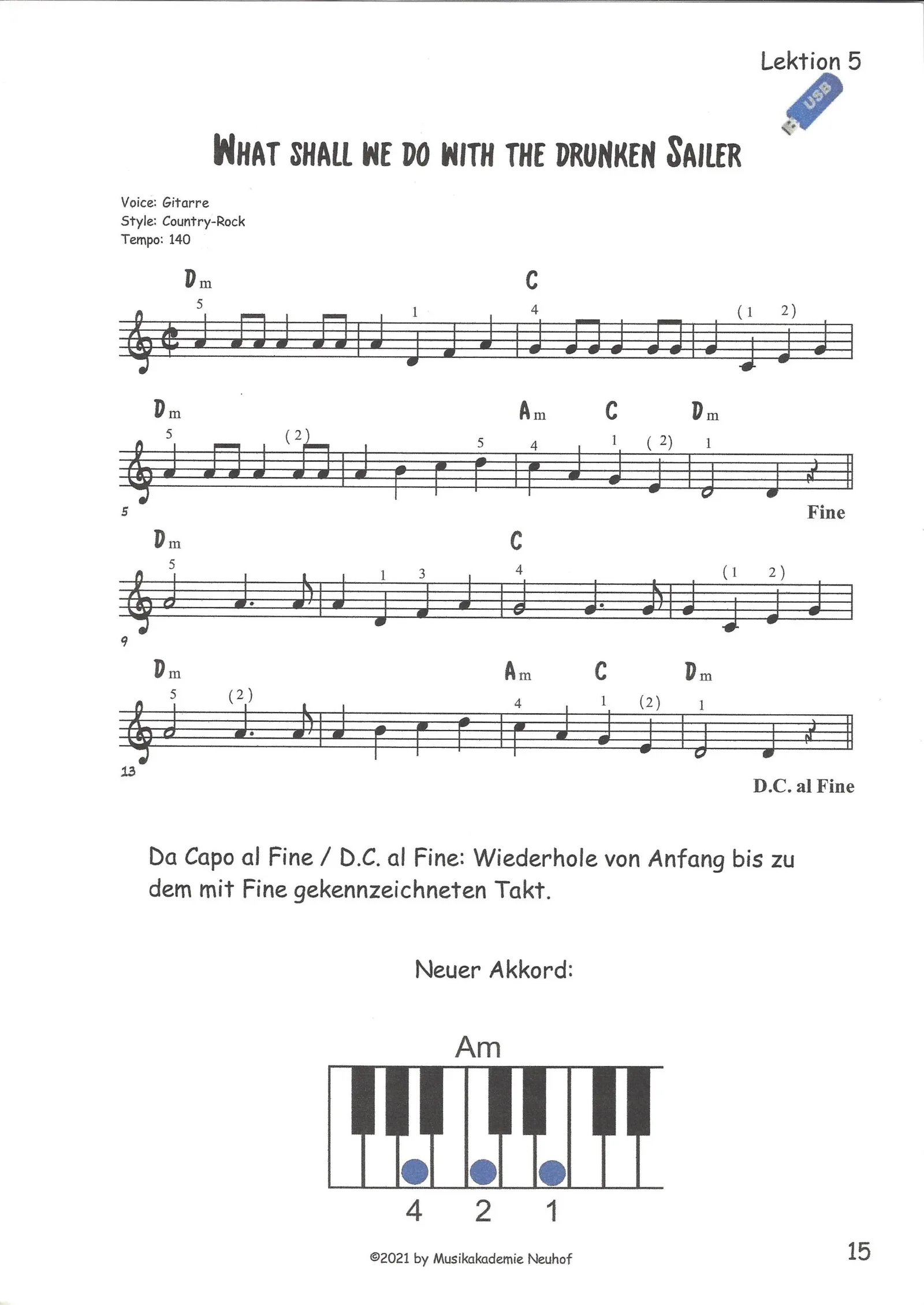 Lektion 5: What shall we do with the drunken Sailor, Liedbeispiel mit Gitarren-Akkorden und Klavierakkorddiagrammen