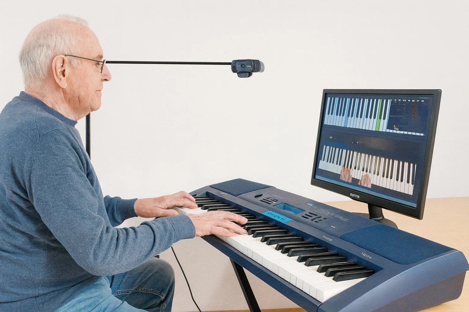 Älterer Mann am Keyboard mit Webcam-Setup und Monitor zeigt Online-Unterricht mit virtueller Klaviatur und farbmarkierten Tas