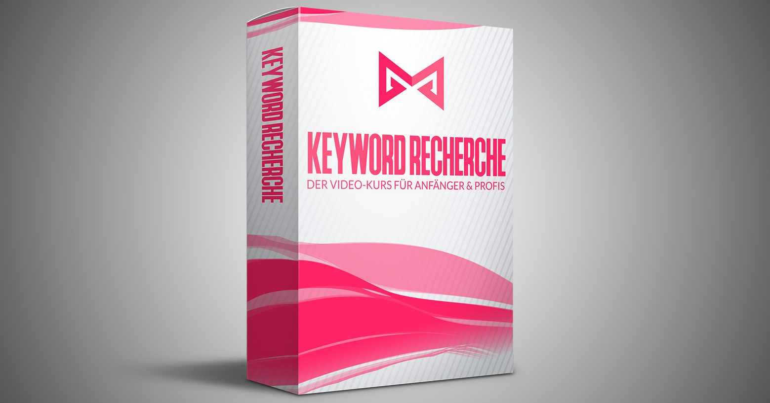 3D-Produktbox Keyword Recherche Videokurs mit pink-weißem Design und Butterfly-Logo