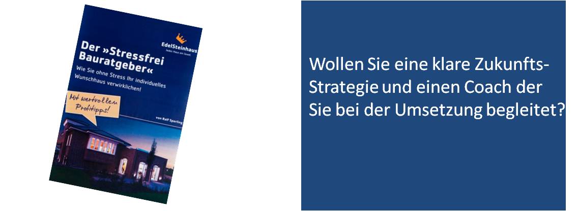 Slider mit E-Book-Mockup Stressfrei Bauratgeber und Frage zur Zukunftsstrategie und Coaching