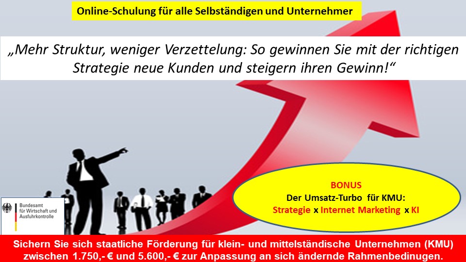 Banner zur Online-Schulung Kunden-Sog-System mit aufwärts zeigendem Pfeil, Geschäftsleuten und gelbem Bonus-Hinweis