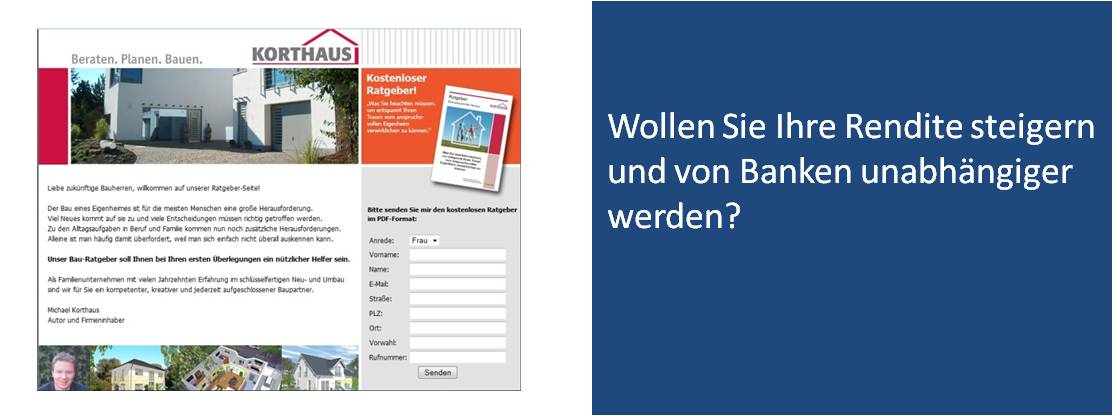 Slider mit Korthaus-Website-Mockup und Frage zu Rendite-Steigerung und Bankabhängigkeit