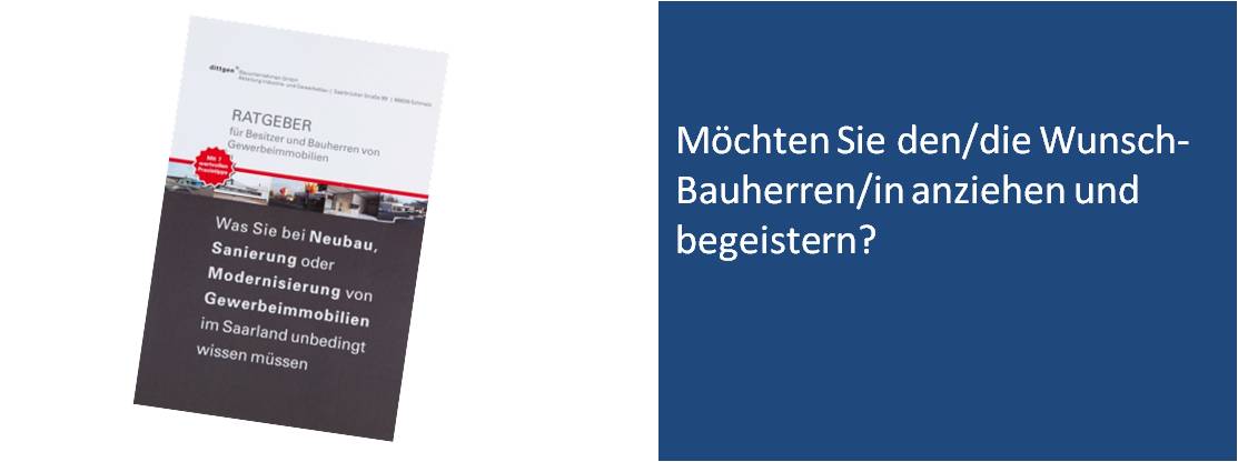Slider mit RATGEBER-Mockup für Gewerbeimmobilien im Saarland und Frage zu Wunsch-Bauherren