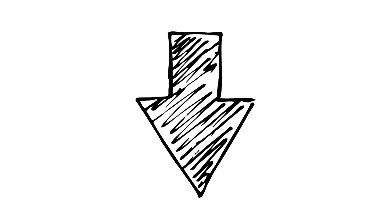 Schwarz-weiße Hand-gezeichnete Illustration eines nach unten zeigenden Pfeils