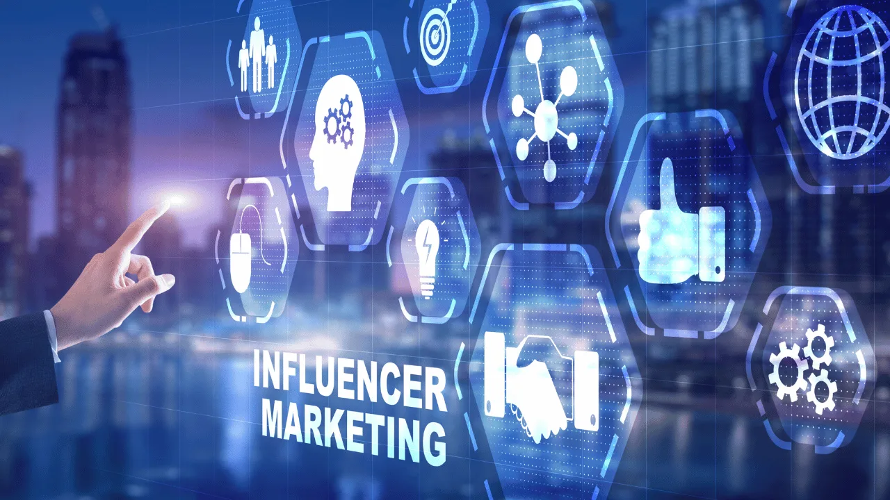 Digitale Illustration zum Influencer Marketing mit KI-Icons, Hand und vernetzten Symbolen