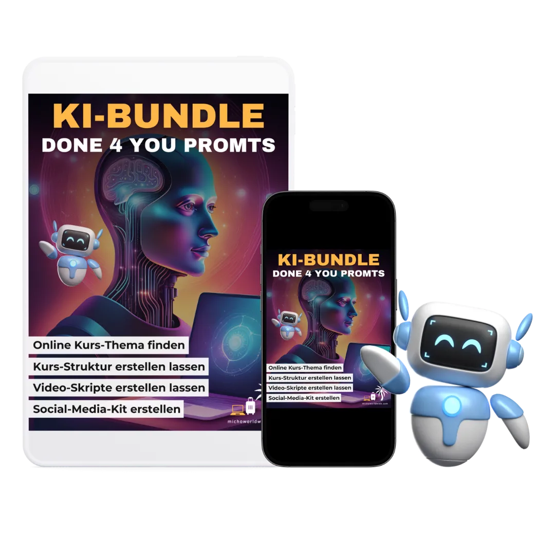 Done-4-You-Prompts – Prompt-Paket für Online-Kurse von Michael Rolle 2 KI-Bundle Hero-Grafik mit futuristischer Frau, KI-Roboter und Laptop, zeigt vier Bundle-Komponenten