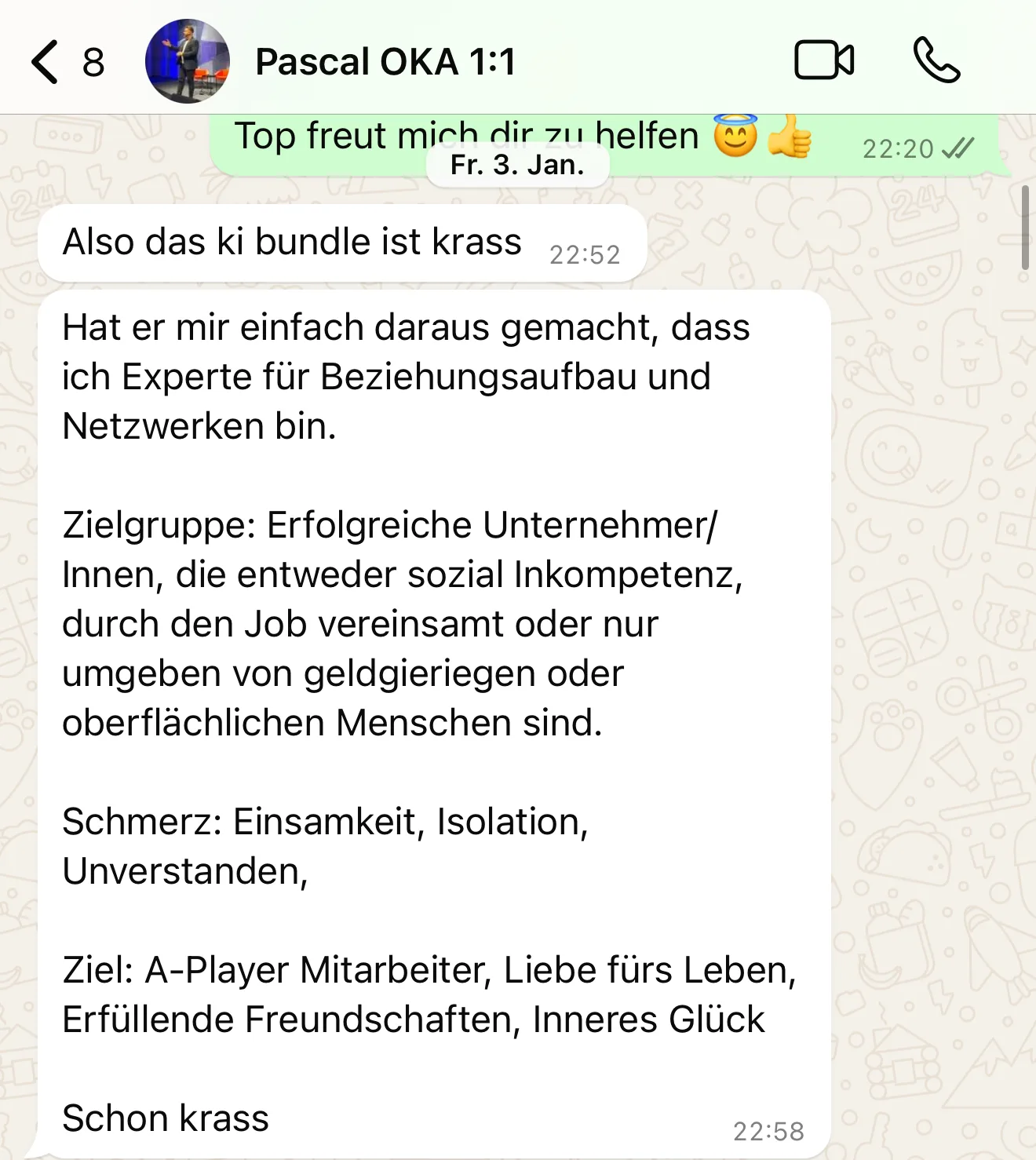 Done-4-You-Prompts – Prompt-Paket für Online-Kurse von Michael Rolle 18 WhatsApp-Nachricht von Pascal OKA mit positiver Bewertung über das KI-Bundle