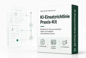 Produktbox KI-Einsatzrichtlinie Praxis-Kit mit grünem Rücken, daneben Mockup von Tablet-Bildschirmen zeigt Sicherheits- und N
