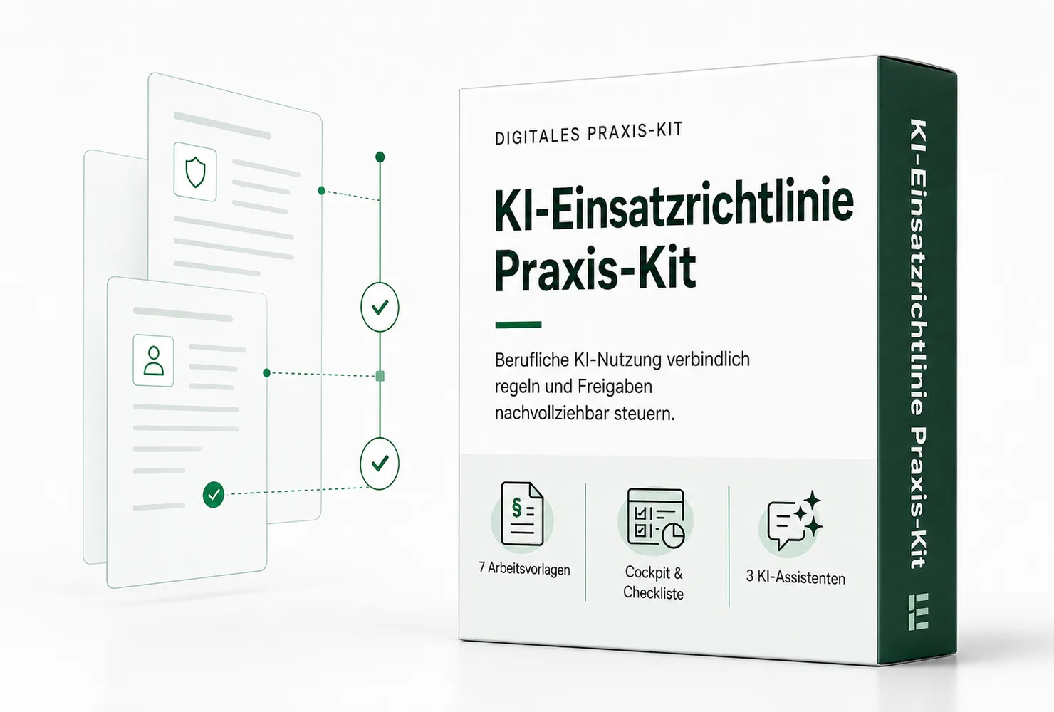 Produktbox KI-Einsatzrichtlinie Praxis-Kit mit grünem Rücken, daneben Mockup von Tablet-Bildschirmen zeigt Sicherheits- und N