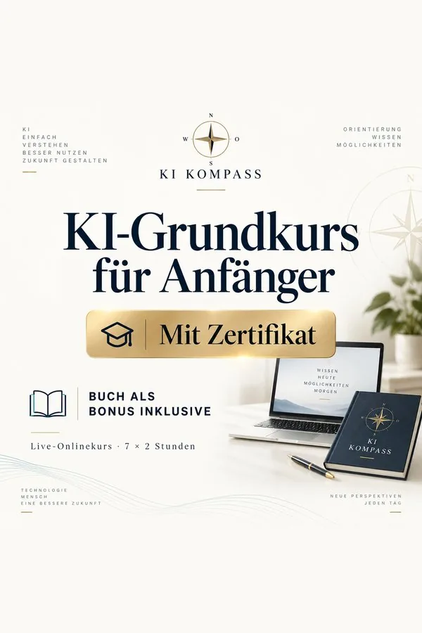 Mockup KI-Grundkurs für Anfänger mit Kompass-Logo, Laptop, Buch und Notizbuch auf Schreibtisch