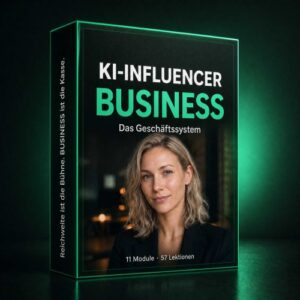 Produktbox-Mockup KI-Influencer Business grün mit Text und Frauenporträt