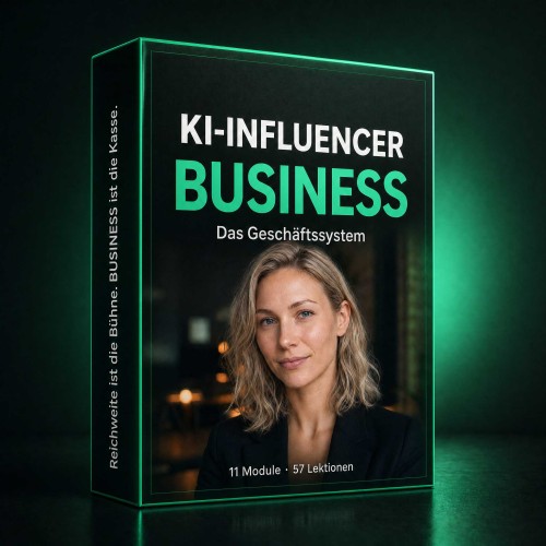 Produktbox-Mockup KI-Influencer Business grün mit Text und Frauenporträt