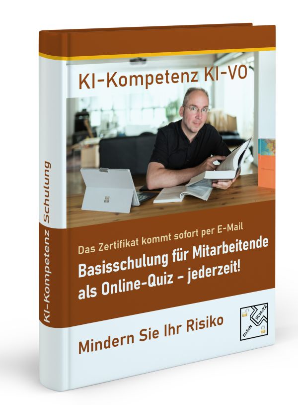 KI-Kompetenz KI-VO Basisschulung Produktbox mit Mann am Laptop und Tablet