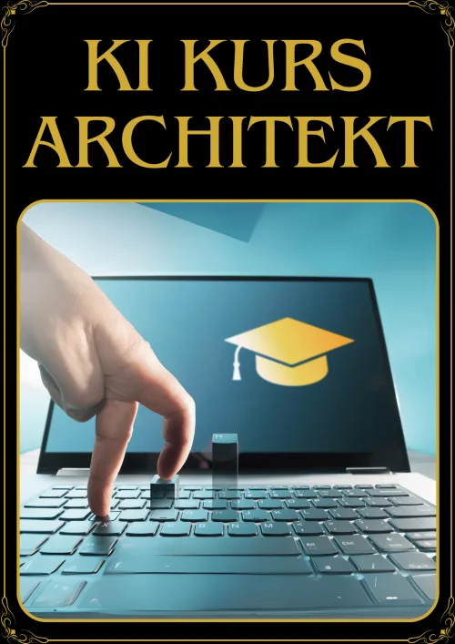 KI-Kurs Architekt – Kurse mit 100% KI erstellen von Michael Schlinder 1 KI-Kurs Architekt Cover mit goldener Schrift und Laptop-Hand-Motiv