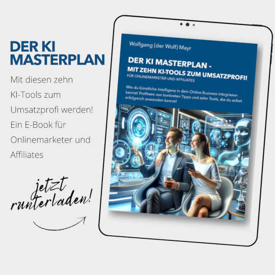 Mockup eines Tablets mit E-Book-Cover zum KI Masterplan von Wolfgang Mayr