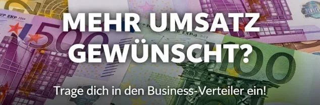 Euro-Scheine mit Text über höheren Umsatz und Business-Verteiler-Aufruf