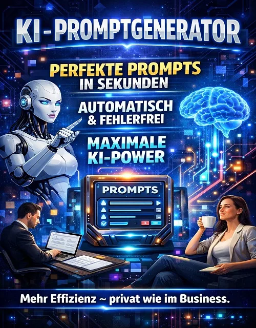 KI-Promptgenerator Hero-Banner mit Roboter, Gehirn und Geschäftspersonen am Arbeitsplatz