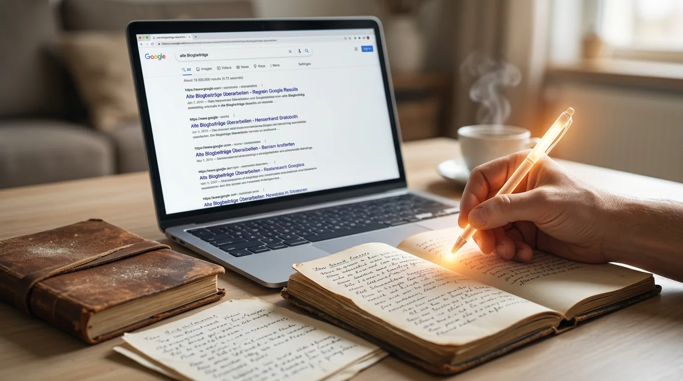 Person schreibt in Notizbuch vor Laptop mit Google-Suchergebnissen und steigendem Rankings-Diagramm