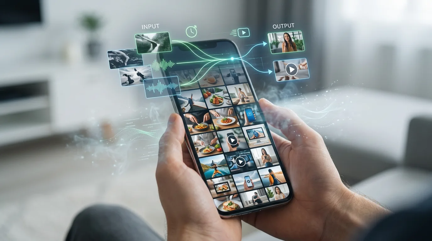 Smartphone mit KI-generierten Kurzvideos, umgeben von INPUT/OUTPUT-Flows und Datenströmen