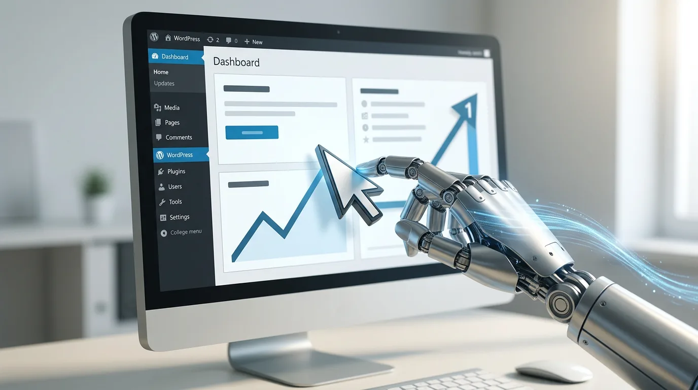 Metallischer Roboterarm optimiert WordPress-Dashboard mit Rankings und Analysegrafiken auf Monitor