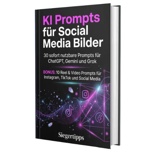 Cover des E-Books KI Prompts für Social Media Bilder mit violettem Titel, Beschreibung und Social-Media-Icons