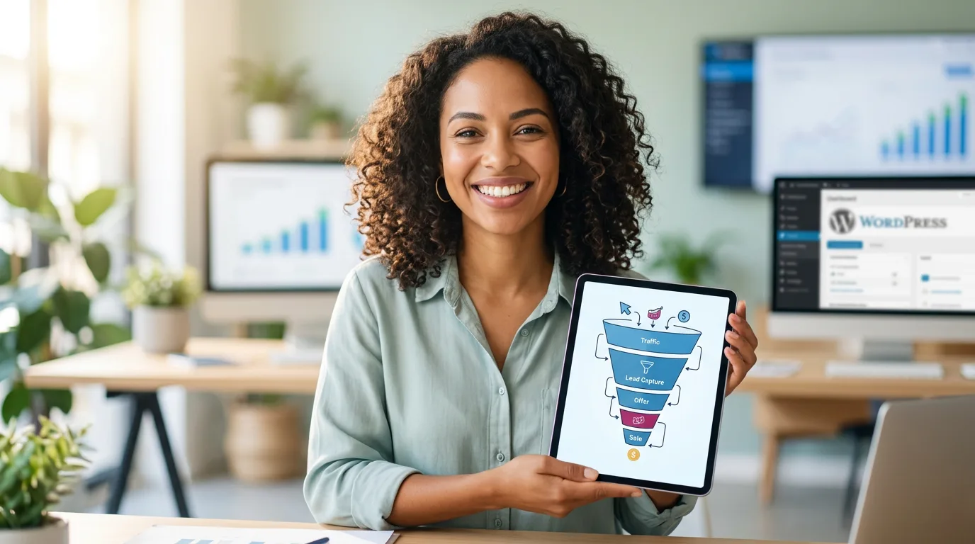 Junge Frau lächelt und hält Tablet mit Sieger Funnel Builder Diagramm in modernem Büro