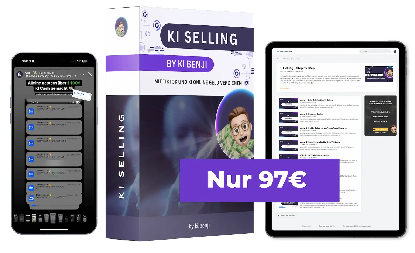 KI Selling – Mit künstlicher Intelligenz Geld verdienen 1 Produktmockup KI Selling Kurs mit Box, Smartphone und Tablet-Ansichten, Avatar mit Geldschein